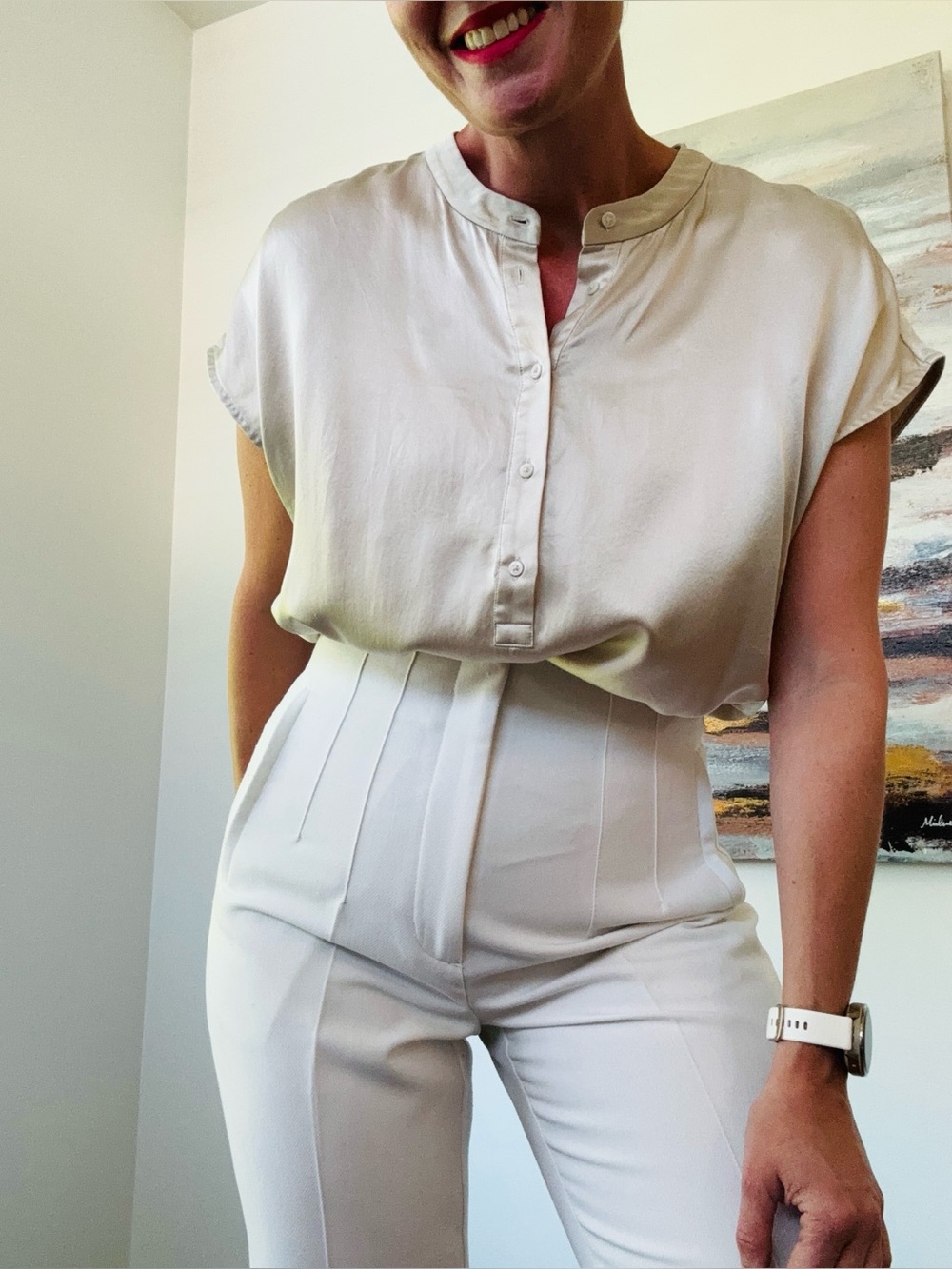 ARITZIA Babaton Vivid Silk Blouse 100% Silk Champagne Button Front Size M